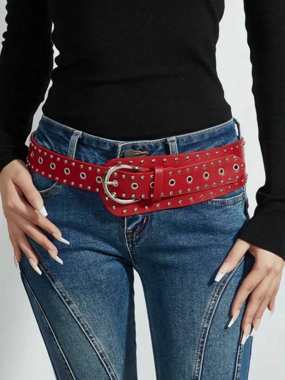 Red Studded Wide Leather Belt with Antique Silver Buckle